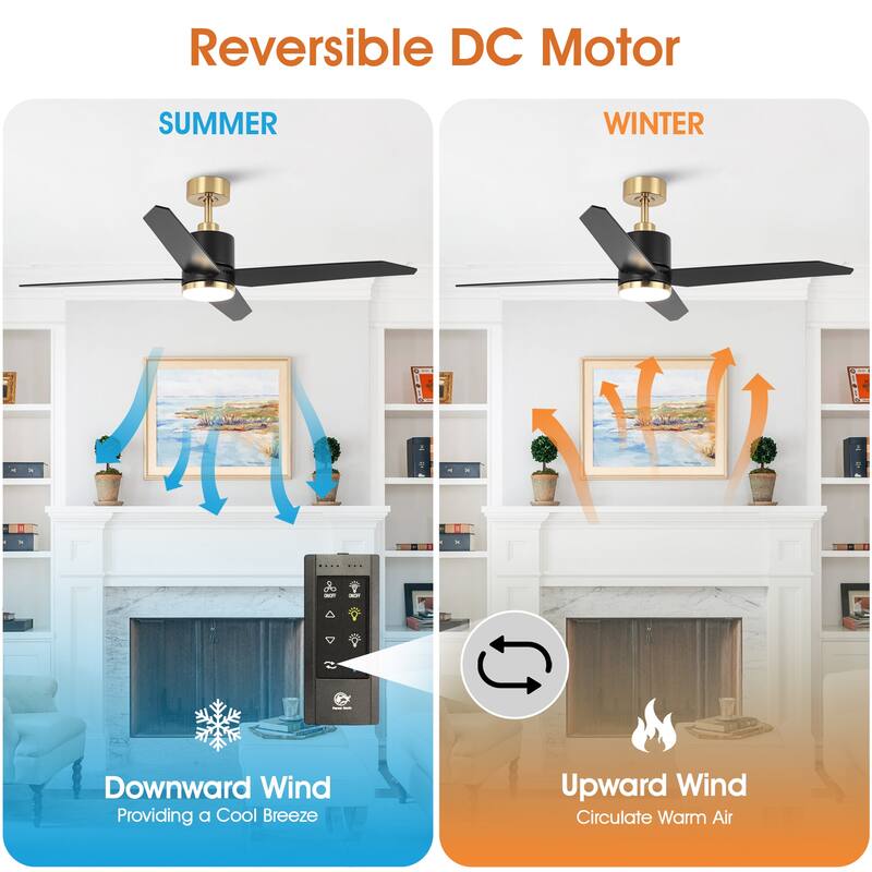 52" Modern Matte Black DC Motor Ceiling Fan with Light and Remote Control