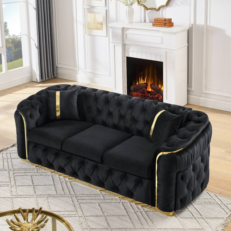 90.6″ Velvet 3-Seater Sofa with 2 Pillows, High-Density Foam & Gold Accents
