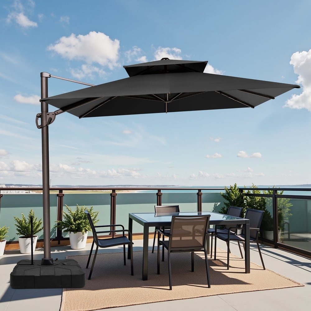 9 x 12 ft Double Top Patio Cantilever Umbrella 360-degree Rotation with Base