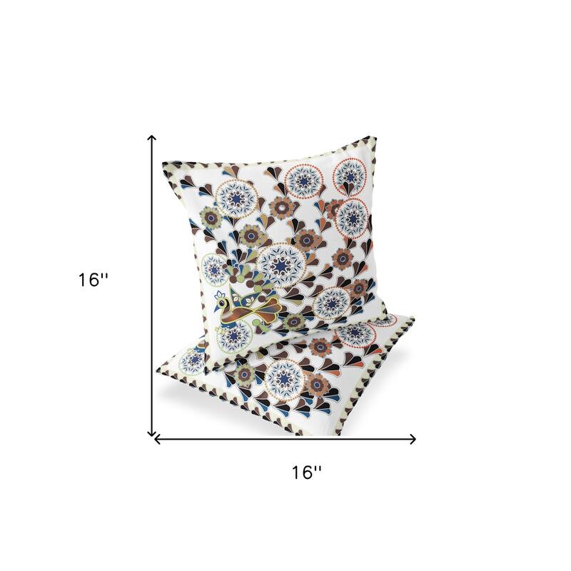 HomeRoots Set of Two 16" X 16" Blue and Off White Peacock Blown Seam Floral Indoor Outdoor Throw Pillow