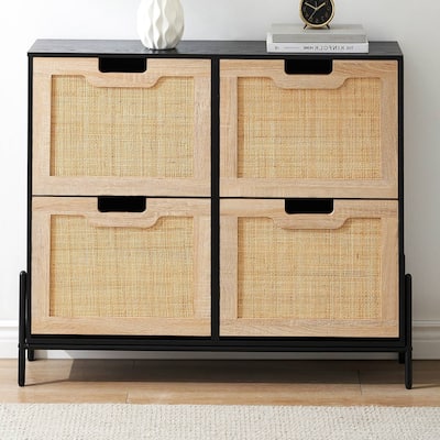 Natural Rattan 4 Flip Door Shoe Storage Cabinet
