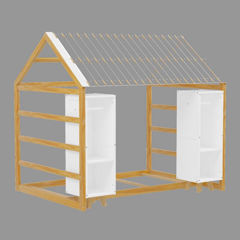 Kids Twin Size House Bed with Roof and Fence, Floor Bed with 2 Storage Wardrobes - Natural - Twin