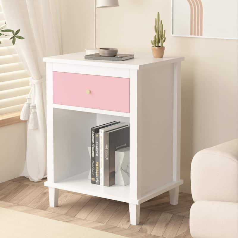 Anmytek Modern Pink Nightstand with One Drawer and Open Shelf for Bedroom Bedside Table with Golden Handle 26-inch Height