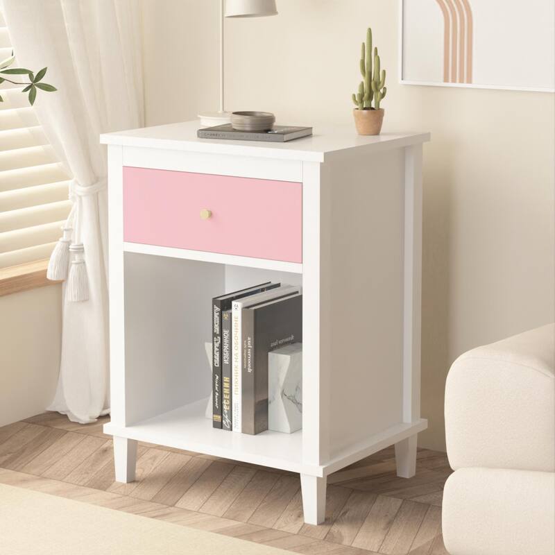 Wooden Bedside Table with One Drawer and Storage Shelf, Coffee Table Bedside Table with Solid Wood Frame