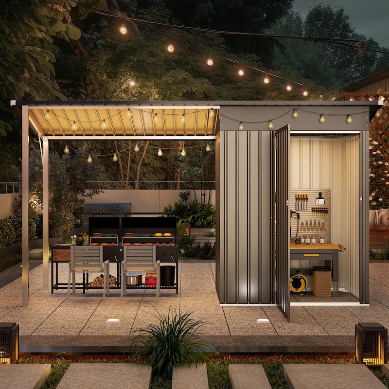 AECOJOY Outdoor Open-Sided Storage Shed Tool Shed Attached Hardtop Metal Pergola Gazebo