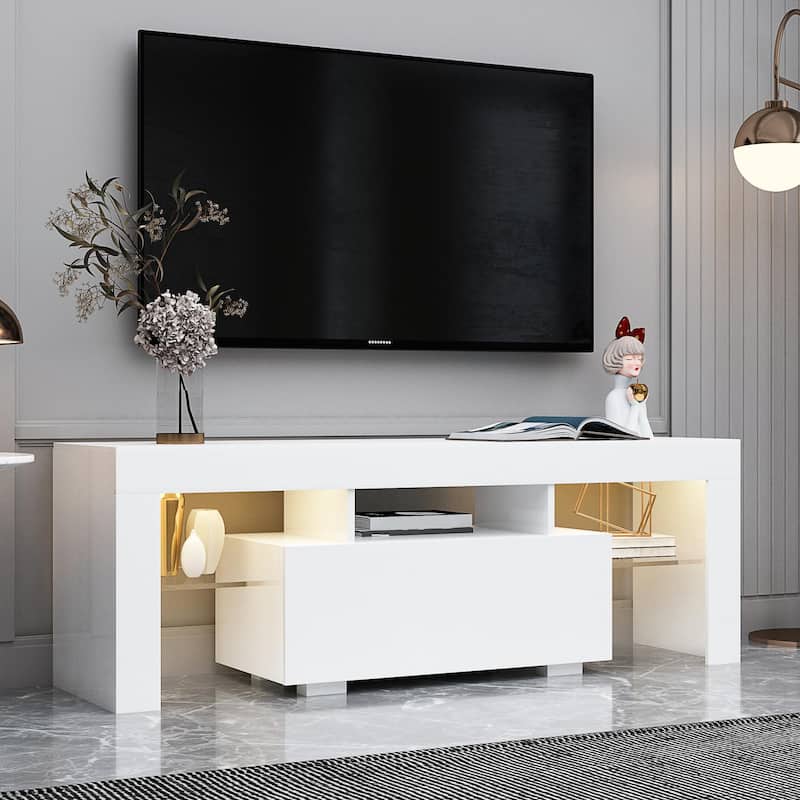 White Modern Style 51.18" TV Stand with LED RGB Lights and Big Drawer for TVs Up to 50"