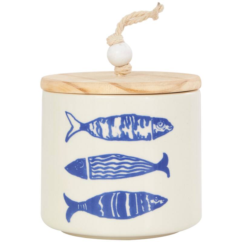 Cream or Blue Ceramic Canisters with Brown Wood Lids and Beaded Accents (Set of 3)