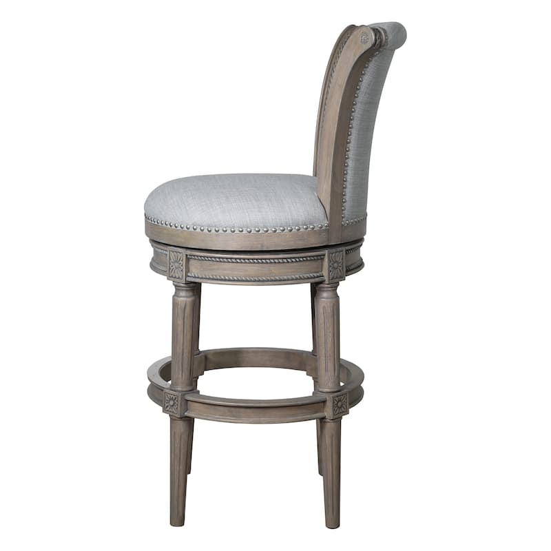 HomeRoots 30" Gray Solid Wood and Linen Bar Height Swivel Bar Chair