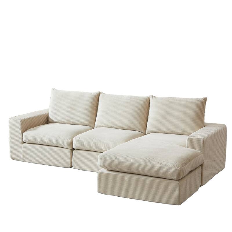 L-Shaped Sectional Sofa with Chaise Lounge, Corduroy Upholstered Boneless Couch, Module Corner Sofa with 3 Pillows
