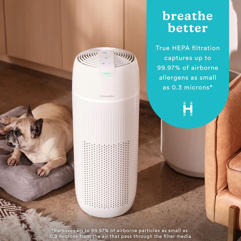 Homedics T43 Large‑Room Tower Air Purifier | True HEPA + UV‑C | White