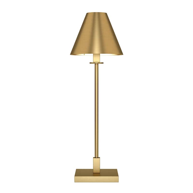 Brass Metal Candlestick Buffet Lamp with Brass Cone Shade and Rocker Switch - 9” x 9” x 28” (D x W x H)