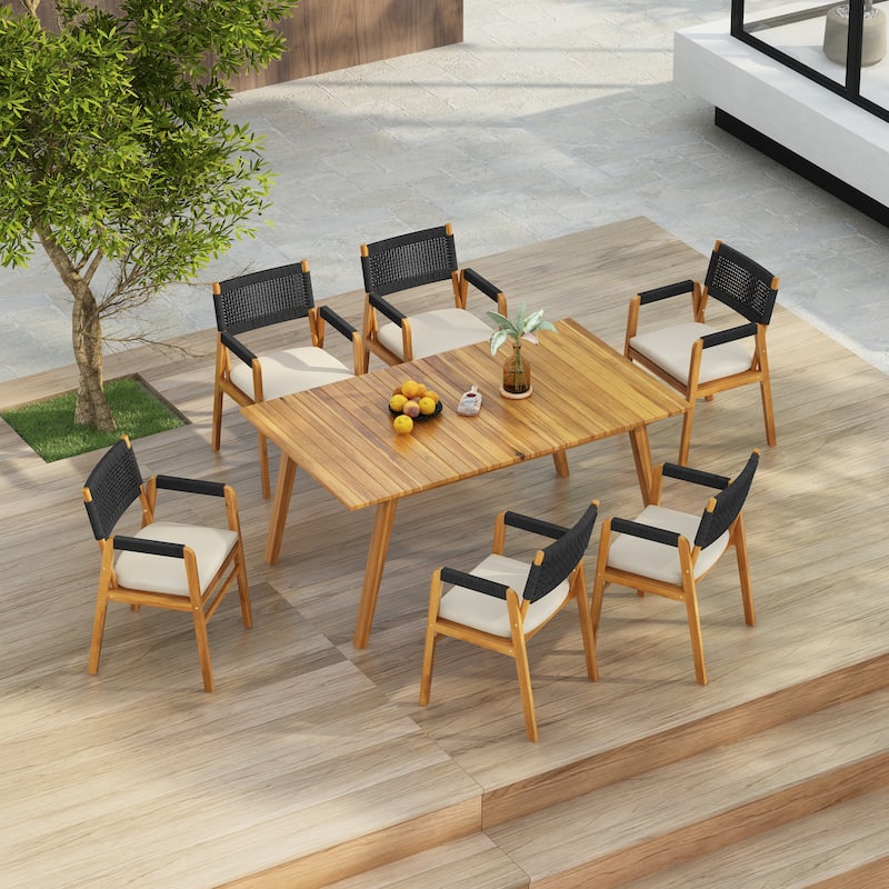 Christopher Knight Home- Oliver Outdoor 7-piece Acacia Wood Dining Set with Rope-Woven Armchairs - Black Rope Chair+Teak Finish Table