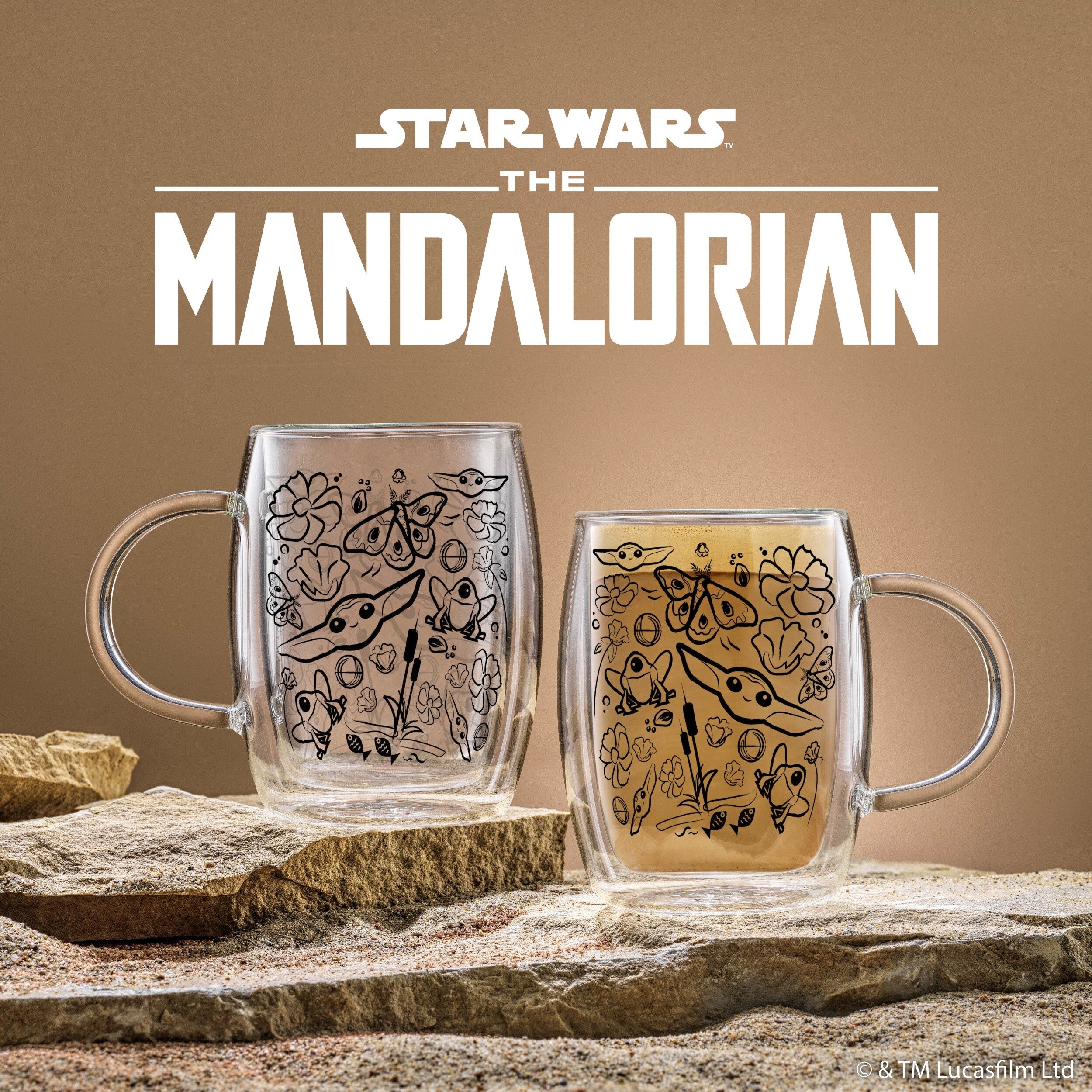 Star Wars The Mandalorian Watching The Drama Double Wall Glass Mugs - 13.5 oz - Set of 2 - Clear