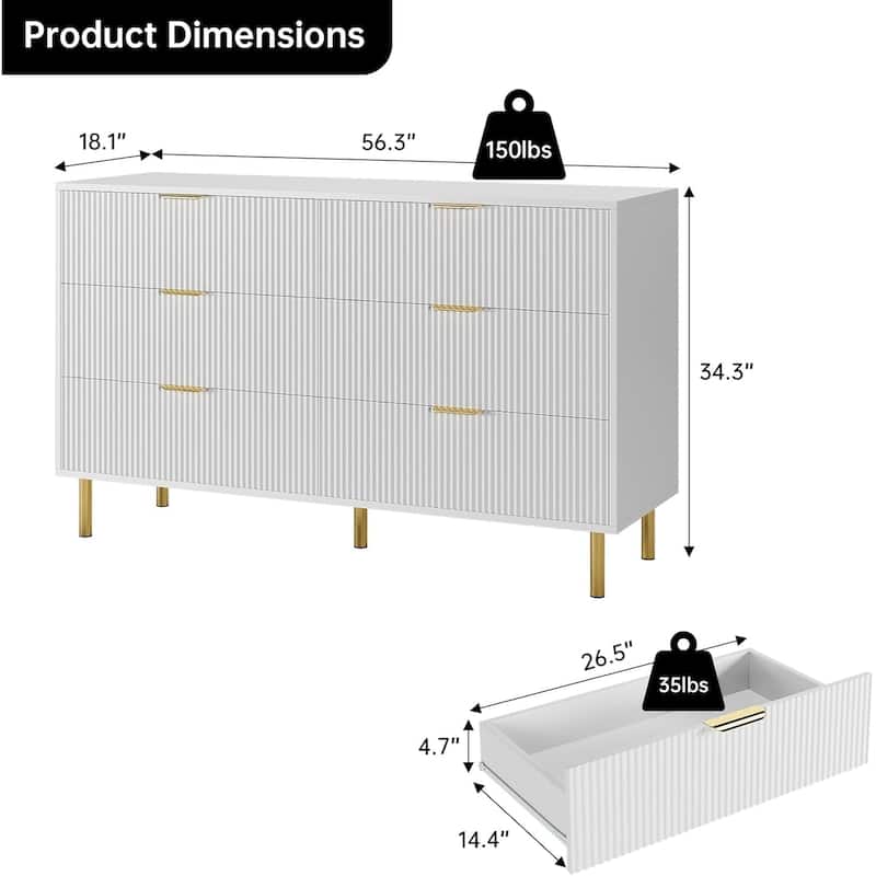 6 Drawer Dresser for Bedroom with Gold Handles, Modern Wooden Chest of Drawers