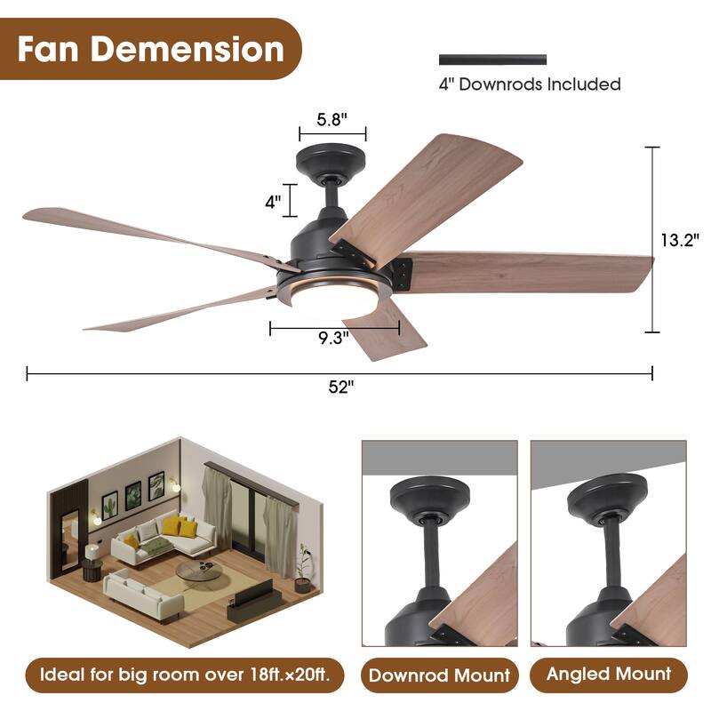 52" Farmhouse Integrated LED Black Dimmable Ceiling Fan with Light and Remote - 52" D x 52" W x 13.2" H