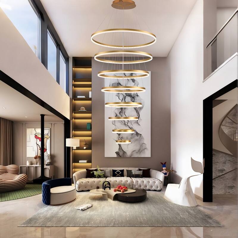 Modern Ring LED Chandelier Ring Adjustable Ceiling Light with Remote Control for High Ceilings