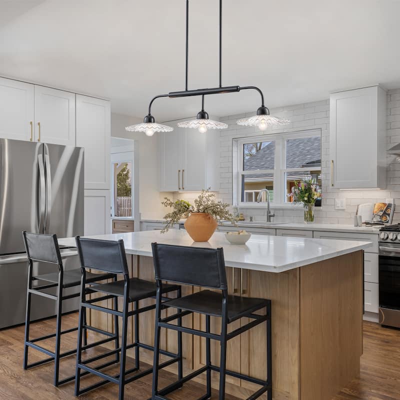 3-Light Black Linear Pendant Light with Pleated Clear Glass Shades - Dia.35.43-in