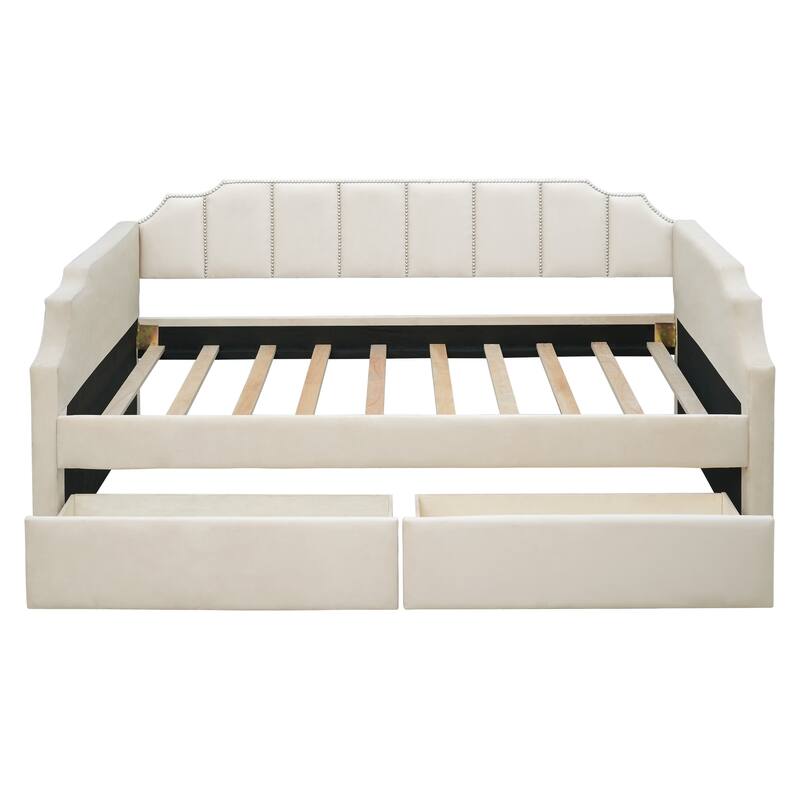 Upholstered Twin Daybed with Storage Drawers, Velvet Fabric, Wood Frame, Space-Saving Bed for Bedroom or Guest Room