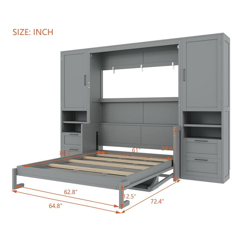 Queen Size Murphy Wall Bed with Closet, Storage Drawers and Shelves, Foldable Cabinet Bed Frame