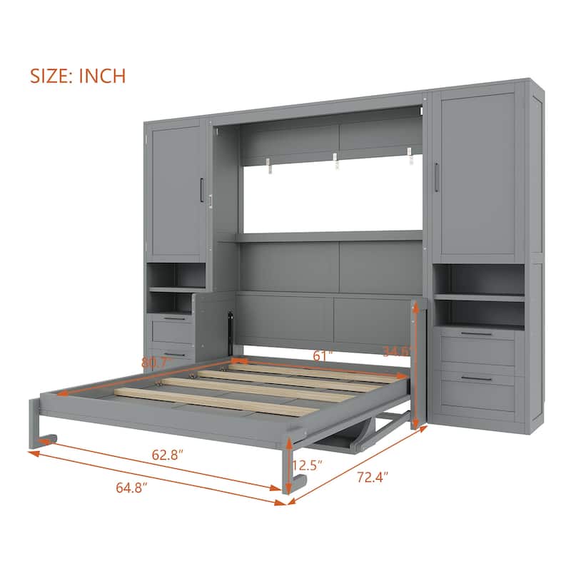 Roomfitters Full/Queen Size Murphy Bed Wall Bed with Shelves, Wardrobe and Lighting