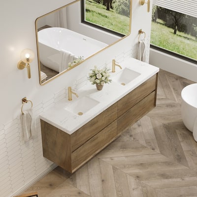 24"30"36"48"60"72" Floating Bathroom Vanity Engineered Stone Top with Rectangular Ceramic Undermount Sink