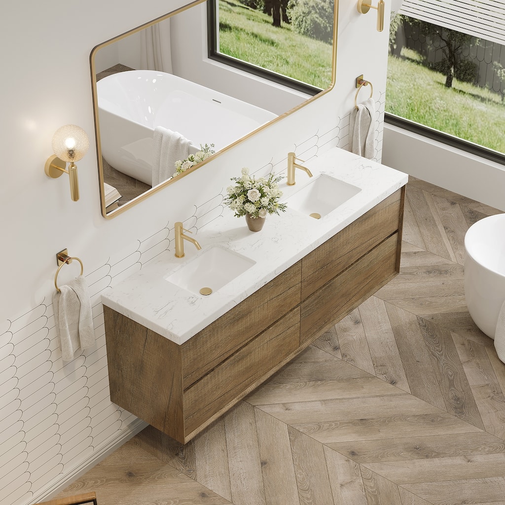 24"30"36"48"60"72"84" Floating Bathroom Vanity Engineered Stone Top with Rectangular Ceramic Undermount Sink