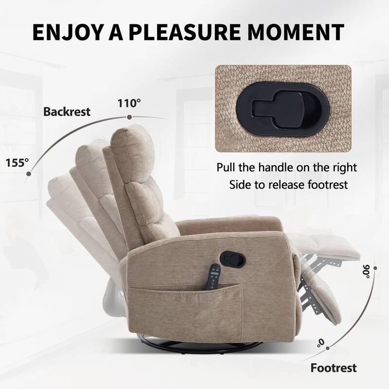 Manual Recliner Chair with Heat & Massage, Fabric Upholstered Glider Recliner Chair, Swivel Recliner Chair with Side Pockets