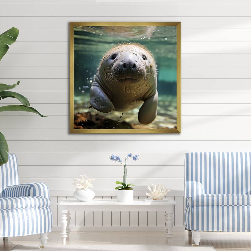 Designart "Curious Manatee Gaze II" Manatee Wall Decor Blue Modern Entryway Framed Wall Art Print - 30 in. wide x 30 in. high - Gold