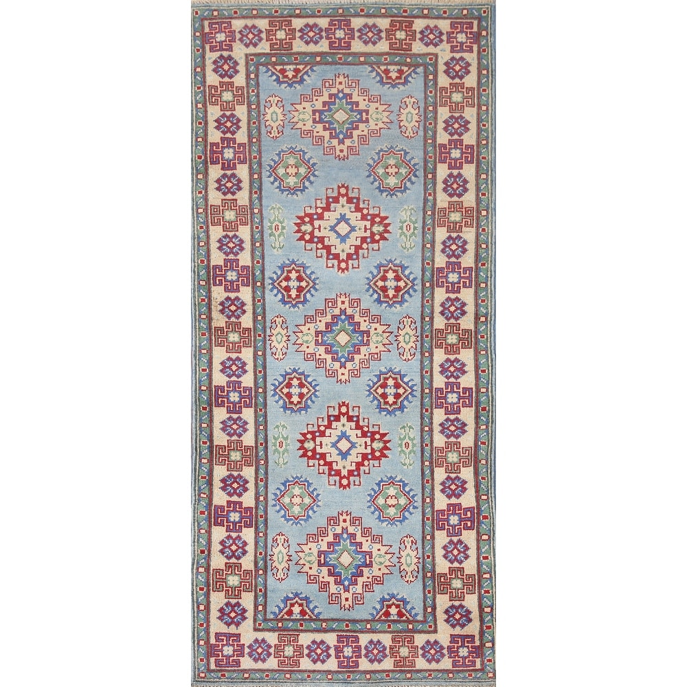 Hand Knotted Oriental 100% Wool Carpet Traditional Geometric Navy Blue & Blues Kazak Runner Rug - 6' 6'' X 2' 9''