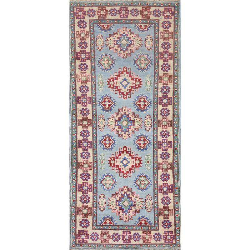 Hand Knotted Oriental 100% Wool Carpet Traditional Geometric Navy Blue & Blues Kazak Runner Rug - 6' 6'' X 2' 9''