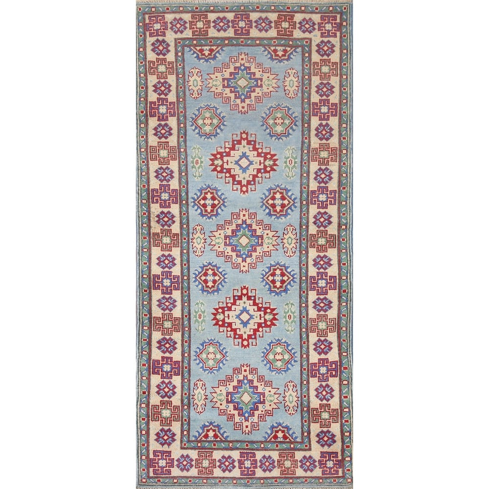 Hand Knotted Oriental 100% Wool Carpet Traditional Geometric Navy Blue & Blues Kazak Runner Rug - 6' 6'' X 2' 9''