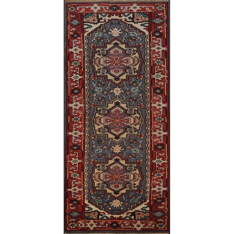 Blue Geometric Heriz Serapi Runner Rug Hand-Knotted Wool Carpet - 2'7"x 7'10"