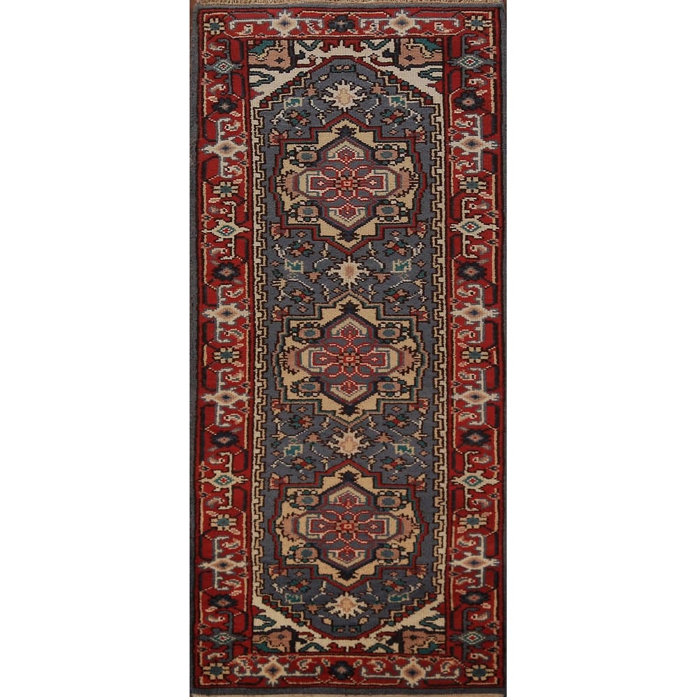 Blue Geometric Heriz Serapi Runner Rug Hand-Knotted Wool Carpet - 2'7"x 7'10"