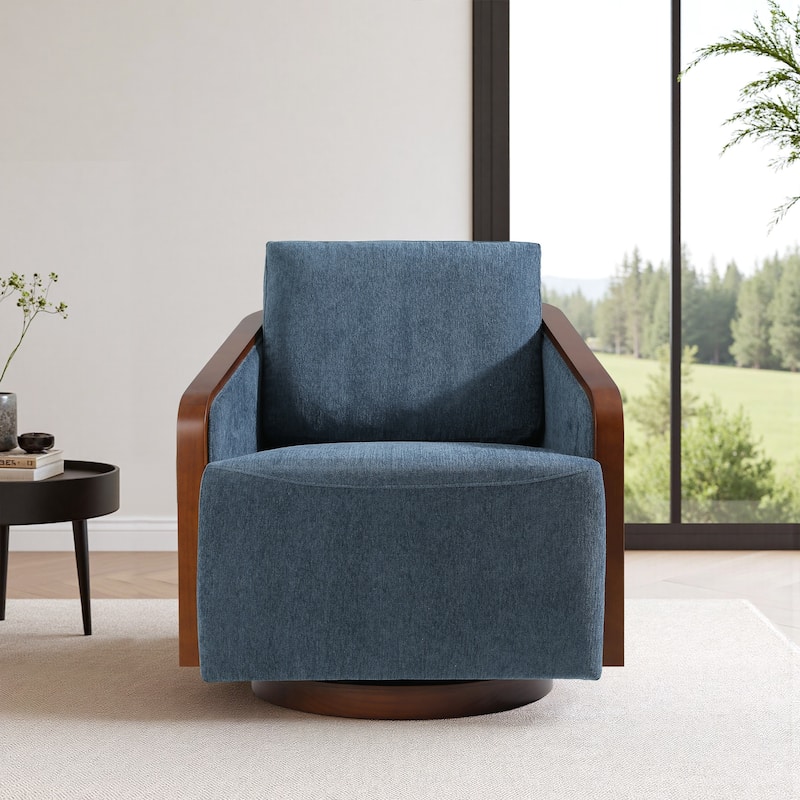 Upholstered Swivel Barrel Chair with Curved Wood Arms