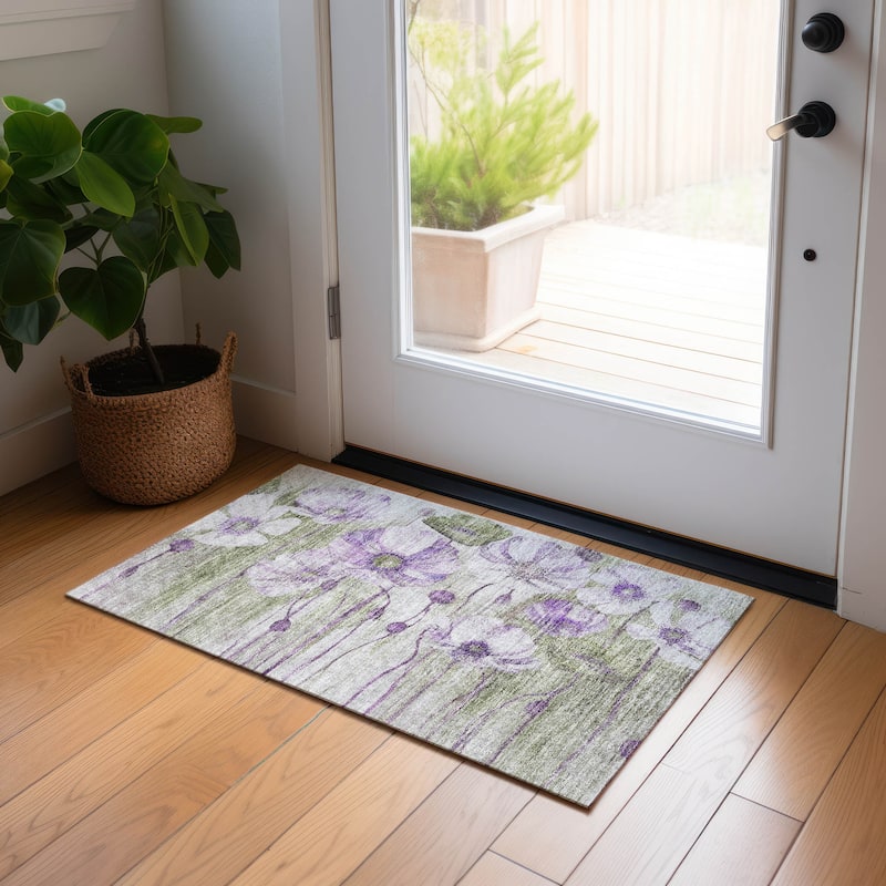 Machine Washable Indoor/ Outdoor Chantille Modern Floral Rug - Purple - 1'8" x 2'6"