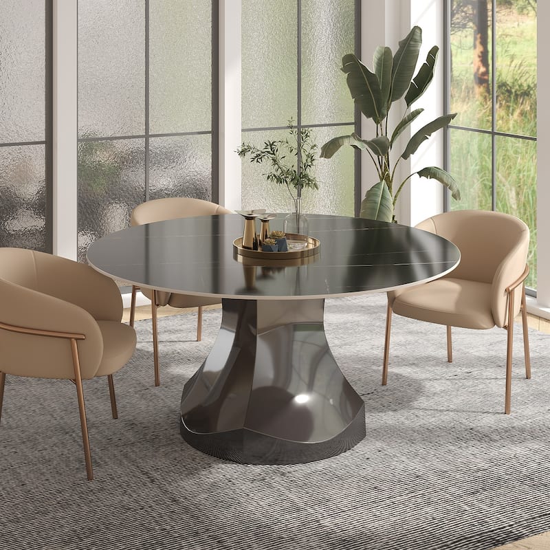 Modern Round Rock Stone Top Gunmetal Grey Stainless Steel Pedestal Dining Table