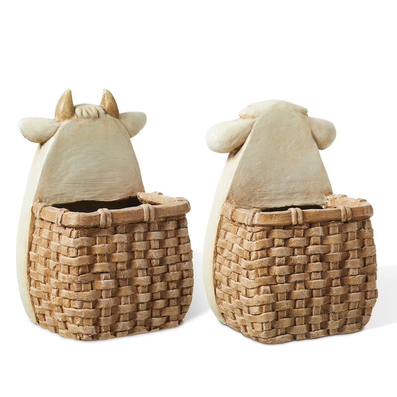 Glitzhome Set of 2 MGO Cute Sheep & Cow Statue Planter