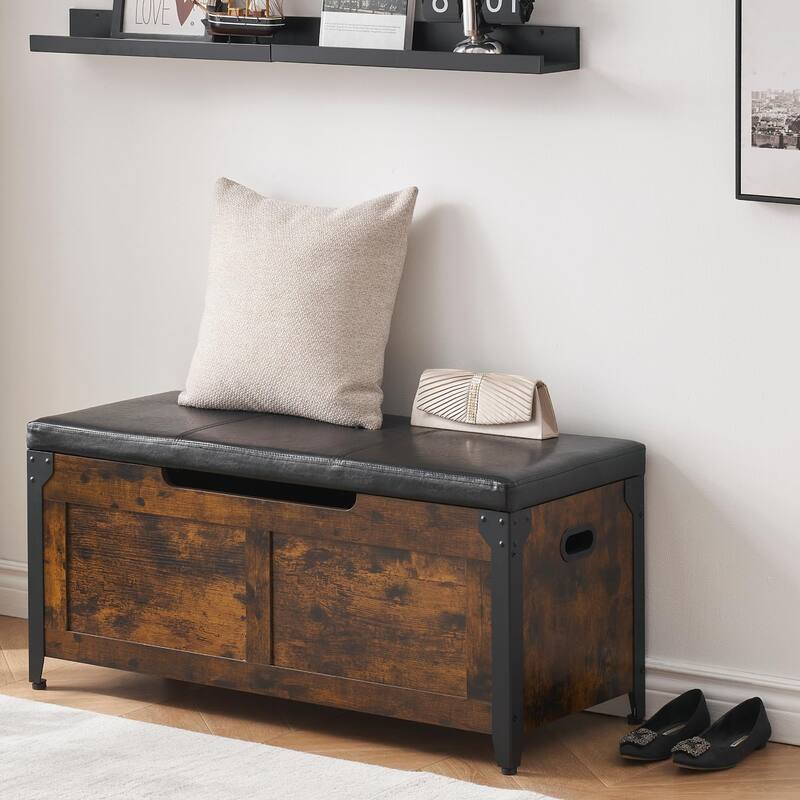 Farmhouse Brown Entryway Shoes Bench Lift-Top Wooden Storage Trunk - 15.7"D x 39.4"W x 18.1"H