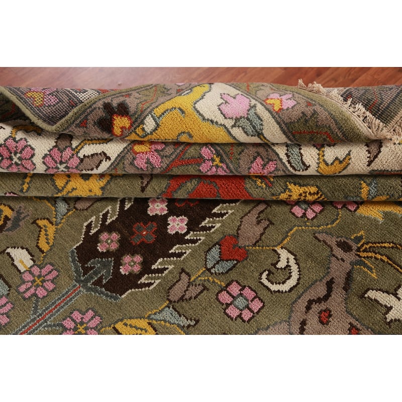 Hunting Animals Green Ziegler Indian Area Rug Handmade Wool Carpet - 9'1"x 11'11"