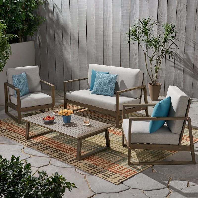 Belgian Outdoor 4-seater Acacia Wood Chat Set by Christopher Knight Home - Gray Finish+Light Gray