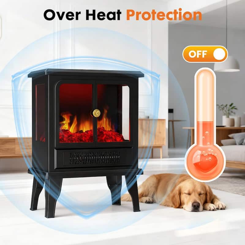 19" Freestanding Electric Fireplace Stove, Fire Place Heater with Realistic Logs and Flame Effect and Overheat Protection
