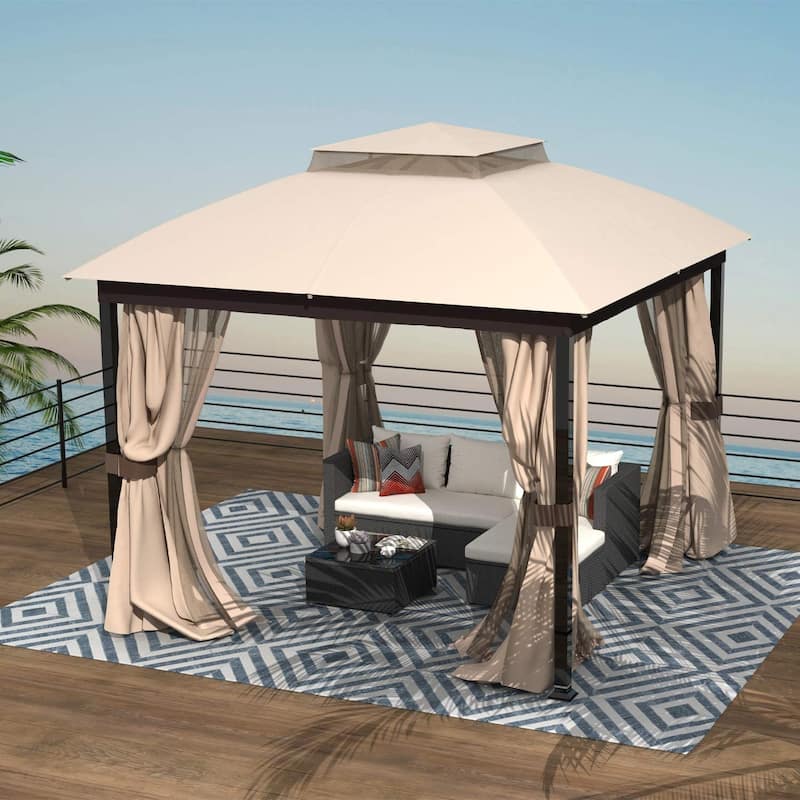 10X10FT Softtop Metal Gazebo with Mosquito Net&Sunshade Curtains