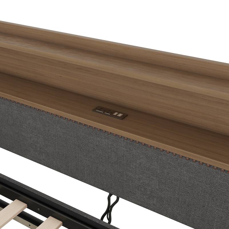 Twin Size Daybed with Trundle, Nailhead Trim, Built-In USB Charging Ports, LED Lighting & Storage Headboard