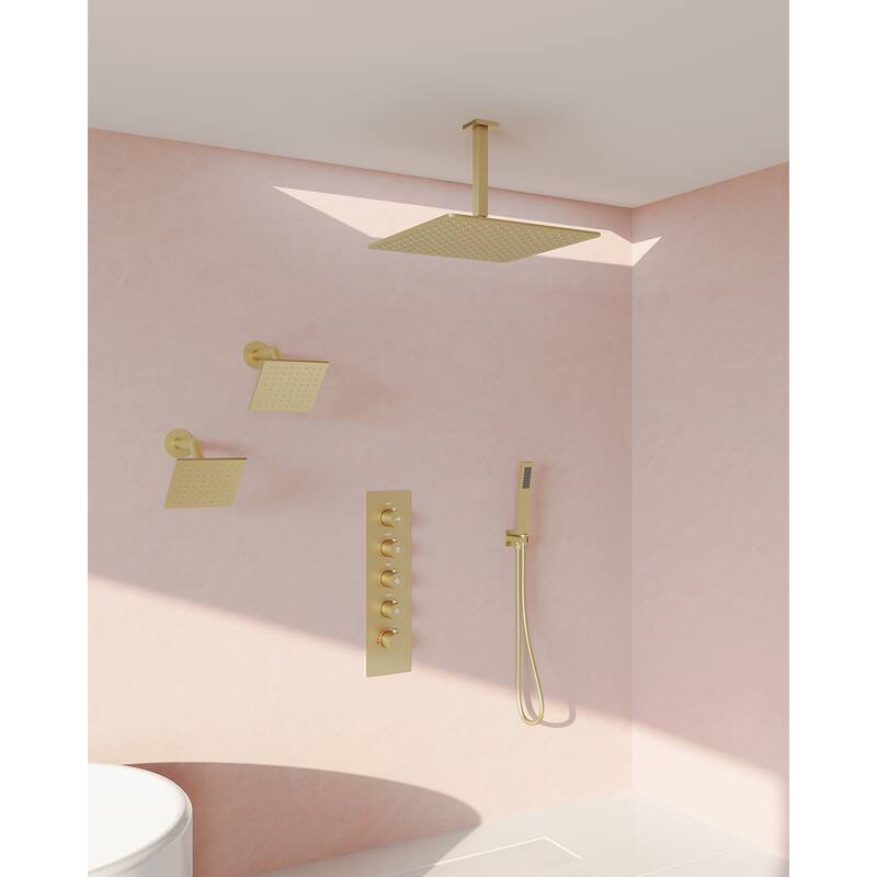 GRANDJOY High Pressure Shower Faucet System 16" Ceiling and dual 6" Wall Mounted Shower Head Combo Handheld Shower Spray