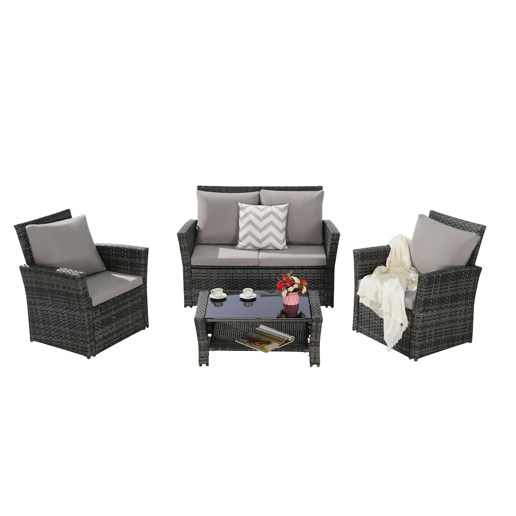4 Piece Outdoor Rattan Conversation Furniture Sets, All Weather Patio Wicker Chair Set with Tempered Glass Coffee Table