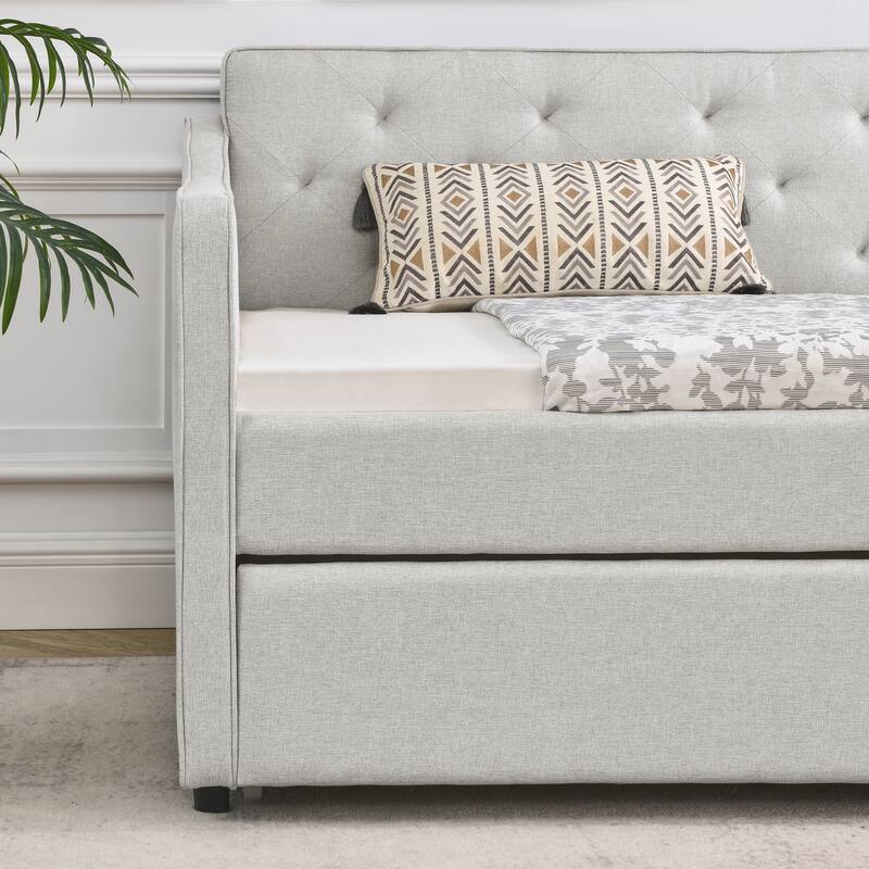 Roomfitters Twin Upholstered Daybed with Twin Trundle, Tufted Backrest and Elegant Waved Arms