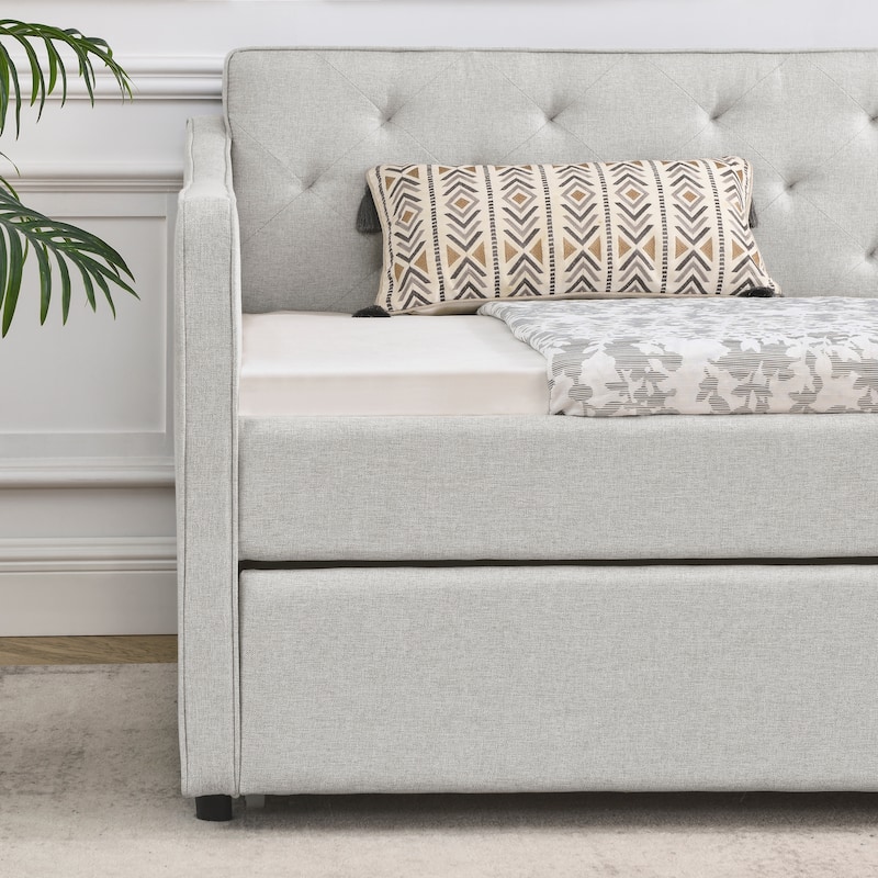 Twin Size Daybed with Twin Size Trundle Upholstered Tufted Sofa Bed, Waved Shape Arms, Grey (80.5"x44.5"x33.5")