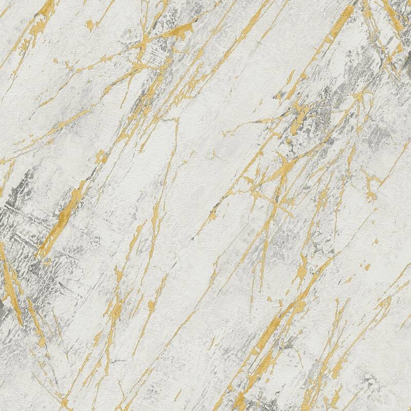 Galerie Wallcoverings Bricks and More Collection Metallic Marble Motif Metallic Finish Vinyl on Non-woven Wallpaper Roll - 33-feet long x 21-inches wide - White/Gold/Silver