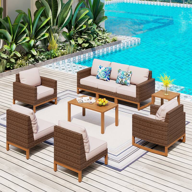 6/9-piece Patio Rattan Wicker Patio Furniture Set Swivel Rocking Chair Conversation Set