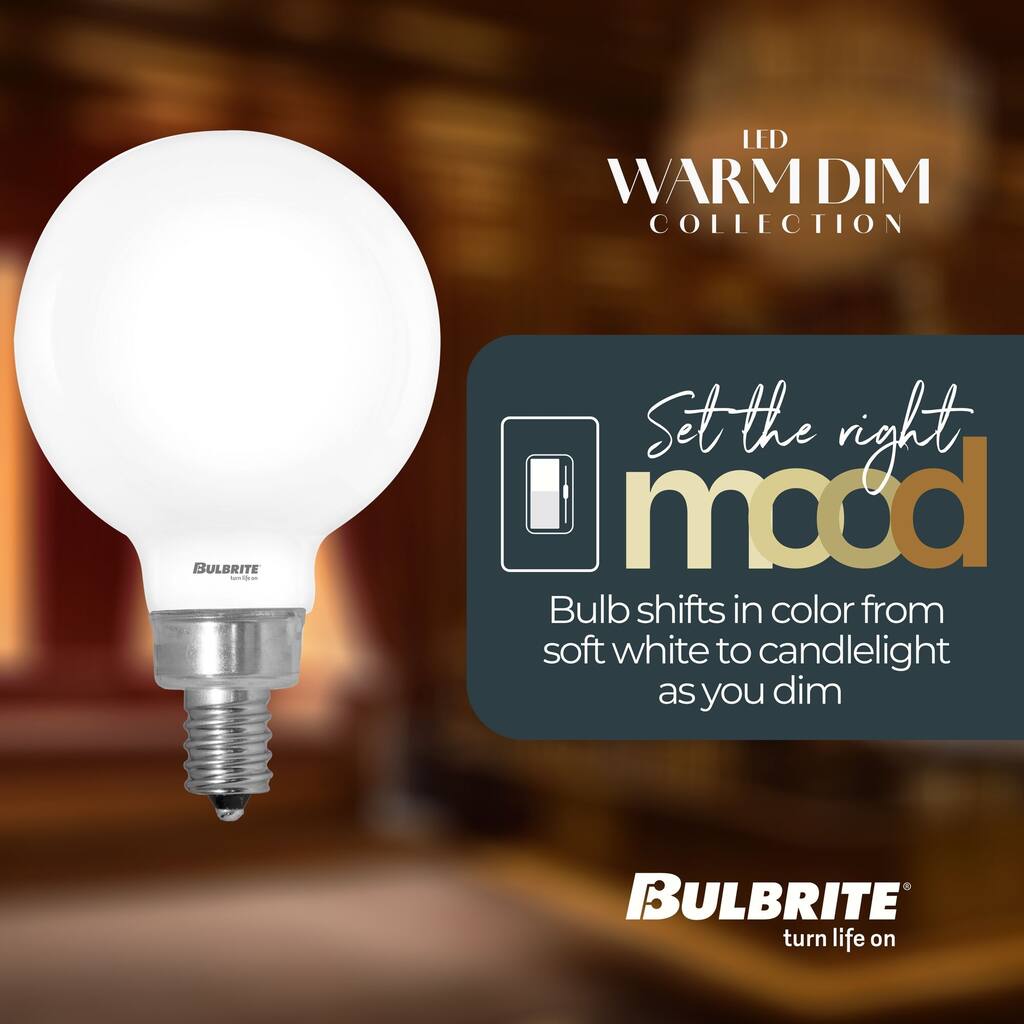Bulbrite 5 Watt LED G16 Light Bulbs, Warm Dimming 3000K (Soft White) - 1800K (Candlelight), 500 Lumens, (4 Pack) - Pack of 4